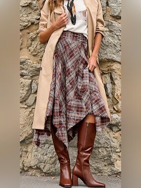 Mystree Plaid Asymmetric Fringe Brown Midi Skirt NWT